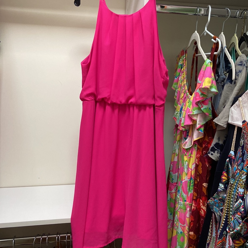 Hot pink Barbie halter elastic waist zip dress